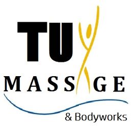 TU Massage & Bodyworks logo with a stylized human figure among the letters.