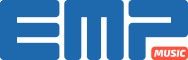 Blauw EMP-logo met rode tekst "Music" rechtsonder.