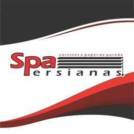 Logo com texto "Spa Persianas, cortinas e papel de parede", em fundo preto, branco e vermelho.