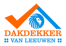 Logo van Dakdekker Van Leeuwen: oranje dak, blauwe leeuwenkop, tekst in oranje en blauw.