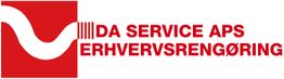Rødt logo med teksten "DA Service APS Erhvervsrengøring" i hvidt.