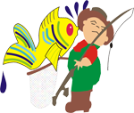 Angler mit grünem Overall und Hut hat großen, bunten Fisch im Netz gefangen.