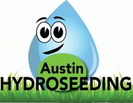 Smiling water droplet with "Austin Hydroseeding" text over green grass at the bottom.