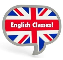 Burbuja de diálogo con la bandera británica y el texto "English Classes!".