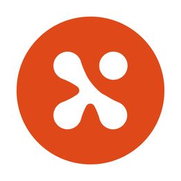 Abstraktes weißes Symbol auf rotem Kreis-Hintergrund.