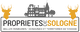 Logo "Propriétés de Sologne", château et cerfs stylisés, texte sur belles demeures et chasse.