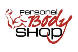 "Logo mit roten Buchstaben 'Personal Body Shop' und muskulösem Arm."