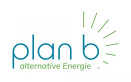 Logo mit dem Text "plan b alternative Energie" in Blau und Grün mit Strahlen rechts.
