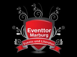 Rotes Wappen-Logo mit Aufschrift "Eventtor Marburg, Events und Literatur", verziert mit Ranken.