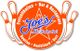 Joe's Freizeitcenter-Logo mit Bowling-Pins, orangefarbenem Hintergrund und blauem Text.