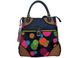 Bunte Handtasche mit abstraktem Kreisdesign und braunen Lederakzenten.