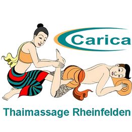 Zwei gezeichnete Figuren bei einer Thaimassage; Text: Carica Thaimassage Rheinfelden.