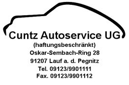 Umriss eines Autos mit Kontaktdaten von Cuntz Autoservice UG in Lauf a. d. Pegnitz.