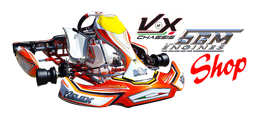 Rennkart mit buntem Design vor einem Logo mit der Aufschrift "VX SGM Engines" und "Shop".