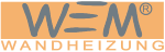 Logo mit Text "WEM Wandheizung" in Grau auf orangem Hintergrund.