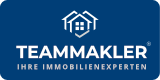 Logo von "Teammakler, Ihre Immobilienexperten" mit weißem Haus-Symbol auf blauem Hintergrund.