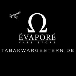 Schwarzes Logo mit Omega-Zeichen, Évapóre Vape Store und Tabakwargestern.de, Sponsorenhinweis.