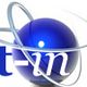 Logo con sfera blu orbitante e testo "t-in" in primo piano.