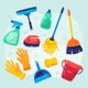 Accessoires de nettoyage colorés: balais, gants, seau, produits et brosse sur fond bleu.