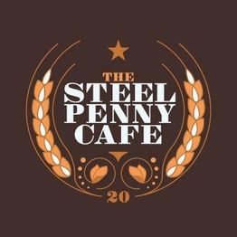 Logo of "The Steel Penny Cafe" with wheat and star design on a brown background.