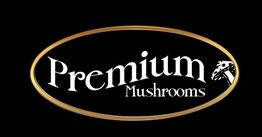 Zwart logo met gouden ovaal, tekst "Premium Mushrooms" en paddenstoelenillustratie.