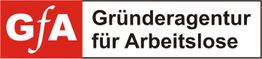 Logo der Gründeragentur für Arbeitslose mit rotem und schwarzem Text auf weißem Hintergrund.