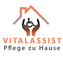 Logo mit Händen, Rollstuhl-Symbol und Haus. Text: "VITALASSIST Pflege zu Hause".