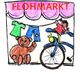Illustration eines Flohmarkts mit einem Teddybär, Kleidung, Fahrrad und einem Kind.