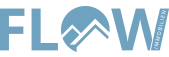 BLauer "FLOW" Text mit Bergdesign im "O", gefolgt von kleinem "IMMOBILIEN" in Blau auf weißem Hintergrund.