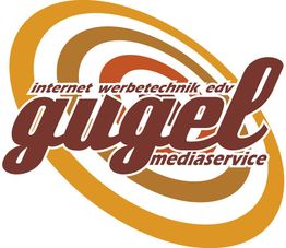 Logo mit Schriftzug "gugel mediaservice" in Kreisformen, Farben: Braun, Weiß, Orange.