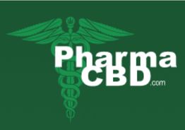 Green background with caduceus symbol and "PharmaCBD.com" in bold white text.