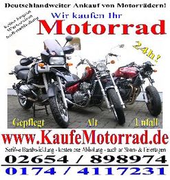Zwei Motorräder mit Werbetext für www.KaufeMotorrad.de: Ankauf von gepflegten, alten und Unfall-Motorrädern.