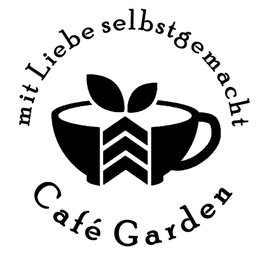 Schwarz-weißes Logo mit Tasse, Blättern und Text "mit Liebe selbstgemacht Café Garden".
