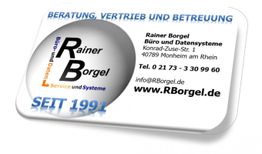 Visitenkarte von Rainer Borgel Büro- und Datensysteme mit Kontaktdaten und Slogan "Seit 1991".