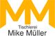 Gelbes Logo mit großen "MM", darunter steht "Tischlerei Mike Müller".