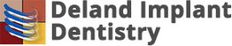 Logo of Deland Implant Dentistry with stylized tooth and colored squares.