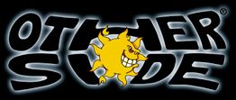Schwarzes Logo mit dem Wort "OTHERSIDE" und einer lächelnden gelben Sonne in der Mitte.
