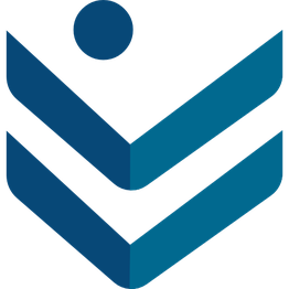 Logo con diseño de cheurones azules y punto sobre ellos.