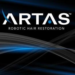 ARTAS logo with text: "Robotic Hair Restoration" on a wavy, dark, and blue background.