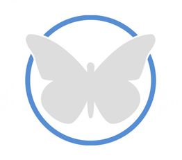 Silueta de mariposa gris dentro de un círculo azul sobre fondo blanco.