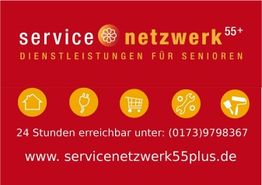 Rotes Banner mit "Service Netzwerk 55+," Icons für Dienstleistungen, und Kontaktdaten.