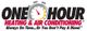 One Hour Heating & Air Conditioning logo with a red stopwatch and punctuality slogan.