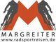 Zwei Radfahrer vor einem roten M, Text: Margreiter, www.radsportreisen.de.