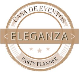 Sello marrón con texto: "Casa de Eventos Eleganza Party Planner" y estrellas abajo.