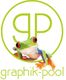 Frosch vor grünem "gp"-Logo, darunter der Text "graphik-pool" in grüner Schrift.