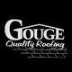 Logo of Gouge Quality Roofing LLC with roof and shingle design on a black background.