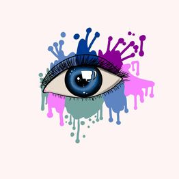 Oeil bleu avec éclaboussures de peinture multicolores en arrière-plan.