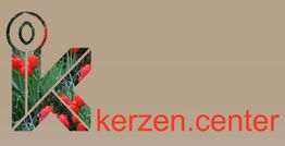 Logo: Buchstabe "K" aus roten Tulpen, daneben Text "kerzen.center" auf beigem Hintergrund.
