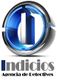 Logo con anillo azul, letras "Indicios Agencia de Detectives".