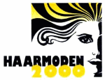 Logo mit Gesicht und gelbem Haar, Text: Haarmoden 2000.